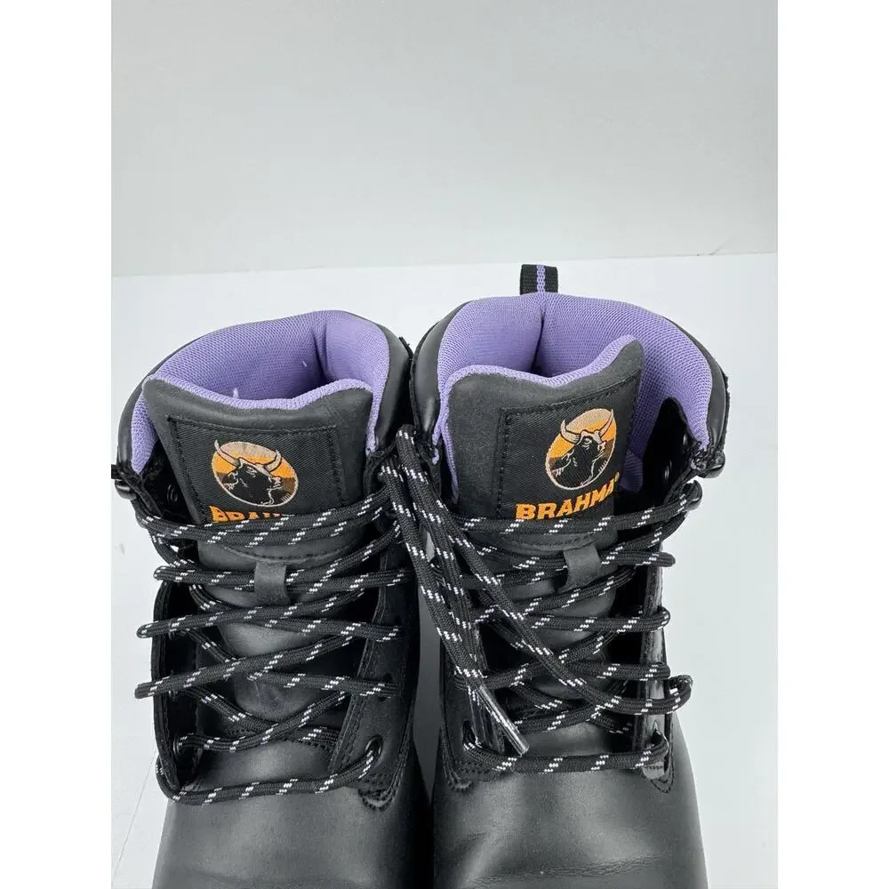 BRAHMA Women's Work Boots Steel Toe Flexible Midsole Leather Black Purple Sz 7.5
